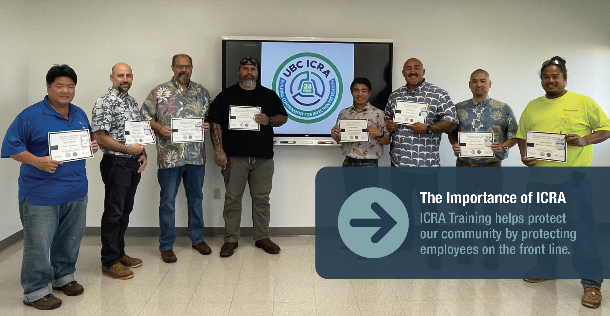 Participants from the 24 Hour ICRA course pose proudly inside an HCATF classroom, with certificates in hand.